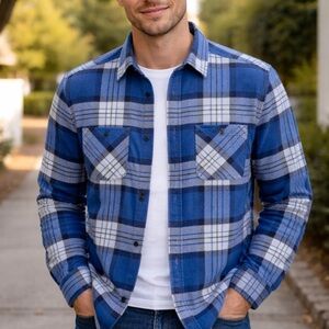 SALE Brixton Blue Plaid Flannel Button Down Over Shirt size small